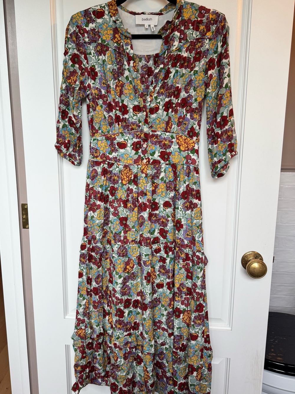 ba&sh Burgundy and Yellow Floral Long Sleeve Midi Dress